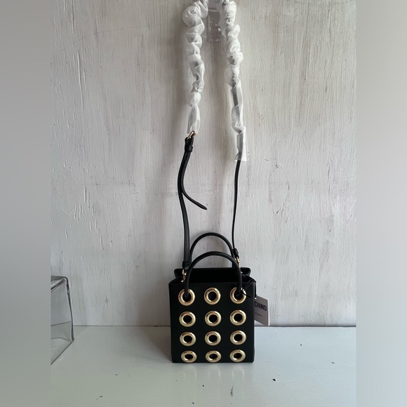 MOSCHINO Heart of Wool Leather Shoulder Bag- Black Gold - Picture 3 of 15